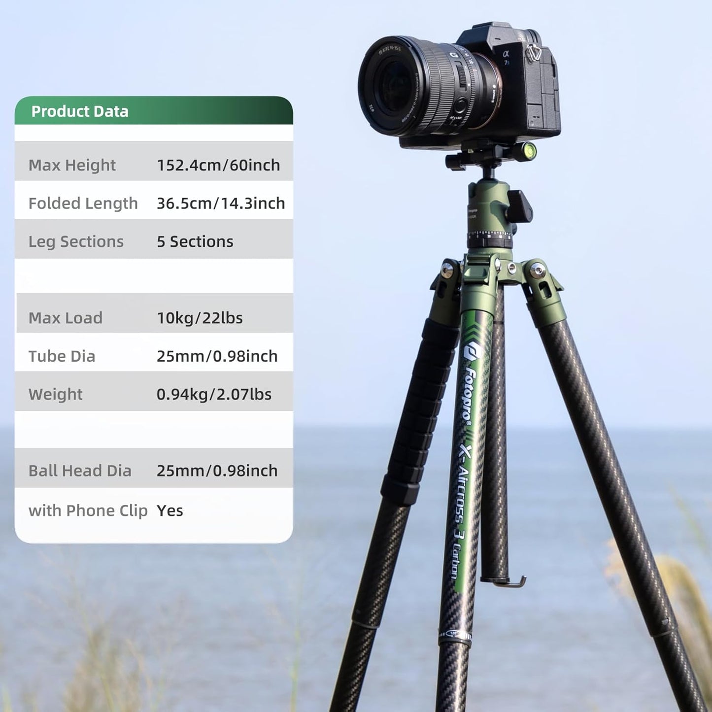 Fotopro Carbon Fiber Tripod 60 Inch 360 Degree Ball Head Quick Release Plate Lightweight Camera Tripod for Travel Tripod Folded Height Only 14.2",Max Loads up to 22lbs,Green