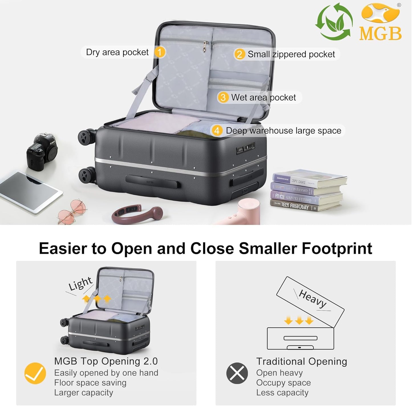 MGB 20 Inch Top Open Carry On Luggage 22x14x9 Airline Approved, Hard Shell Carry On Suitcase with Spinner Wheels, Travel Small Luggage Built-in TSA Lock for Women Men Gifts (Charcoal Grey)
