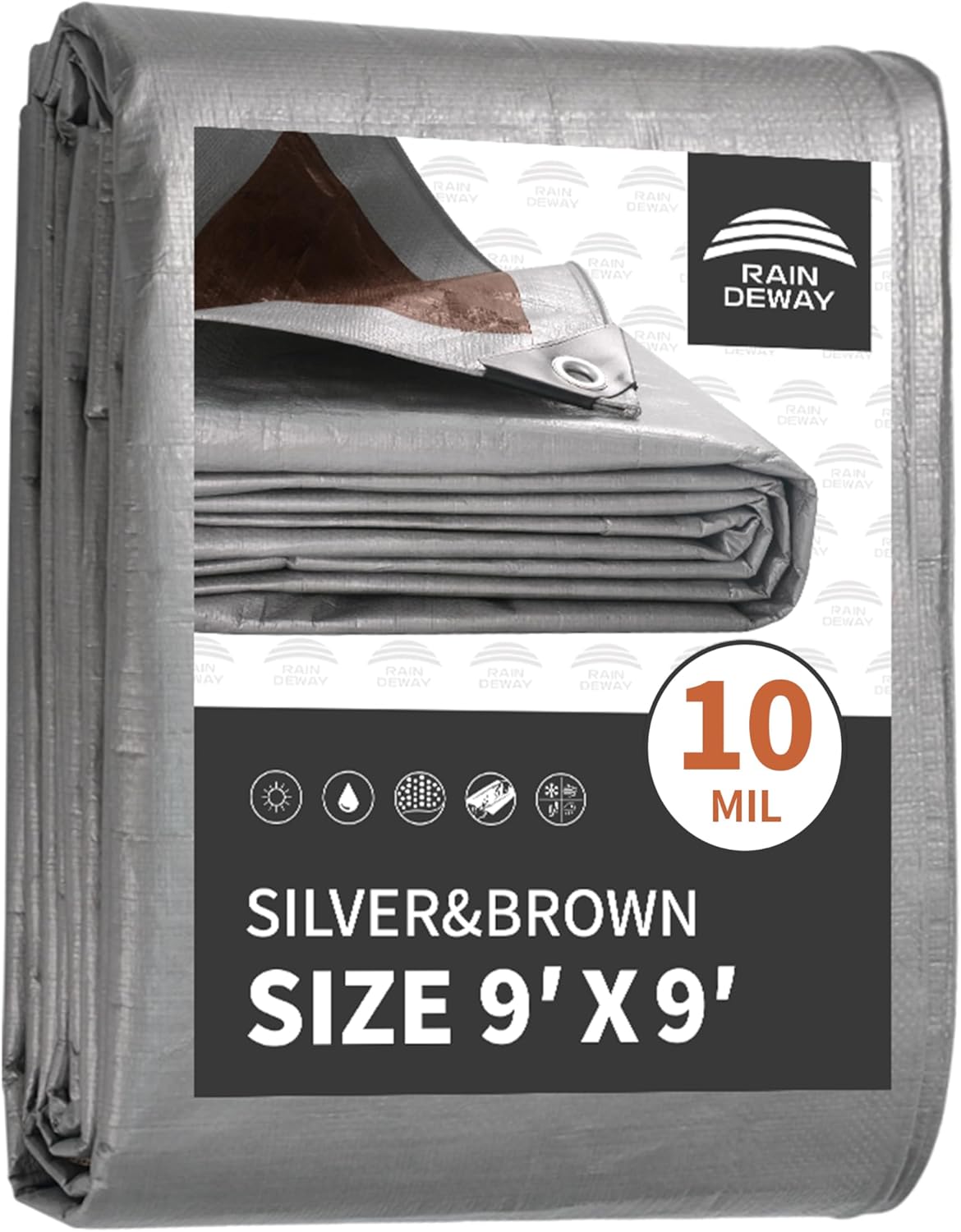 RAINDEWAY Tarps Heavy Duty Waterproof 9x9 Feet, 10Mil Multipurpose Poly Tarp Cover with Metal Grommets and Reinforced Edges, Silver/Brown Tarp