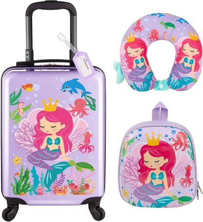 Sanwuta 4 Pcs Kids Luggage Set Kids Backpack Travel Rolling Suitcase with Wheels U-shape Pillow Childrens Gift for Girls Boys(20 Inch,Mermaid Style,Purple)