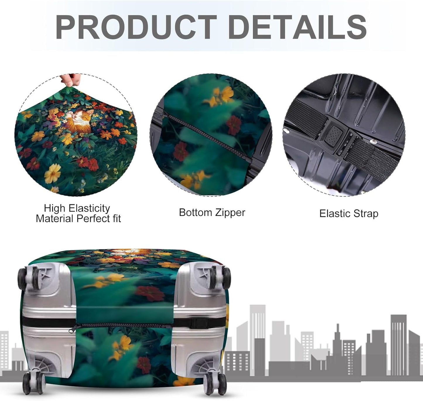 ANNA QUEEN Dreamy Cat Luggage Cover, Cat Sleeping in a Flower Field Design, Stretchable, Washable Travel Protector for 20-22 Inch Luggage
