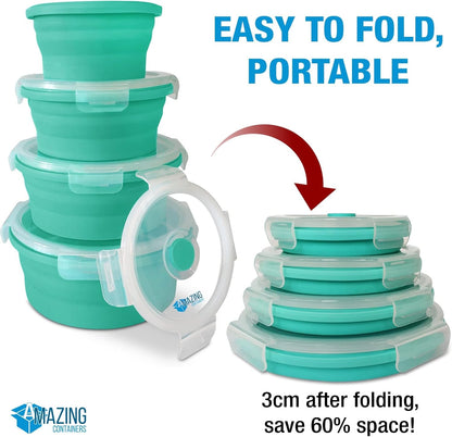 Collapsible Bowls for Camping, Set of 4 Silicone Food Storage Containers with Lids, Rv storage and organization, Rv Kitchen Accessories, BPA Free, Microwavable, Freezer, Dishwasher Safe