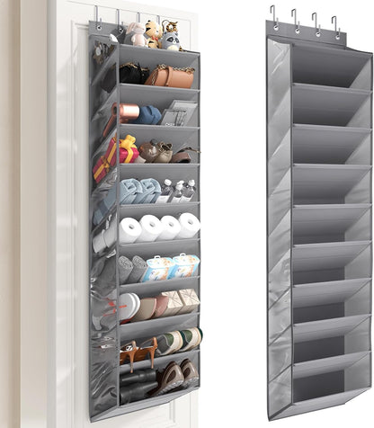 Over the Door Shoe Organizer for Closet, Shoes Rack with 10 Tier PVC Window Deep Pockets, Hanging Shoe Organizers for Boot Storage, Behind the Door Narrow Shoe Holder for Small Shoes, Grey