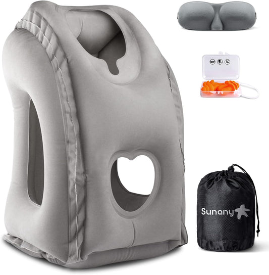 Sunany Travel Pillow, Inflatable Neck Pillow Used for Airplanes/Cars/Buses/Trains/Office Napping with Eye Mask/Earplugs (Gray)