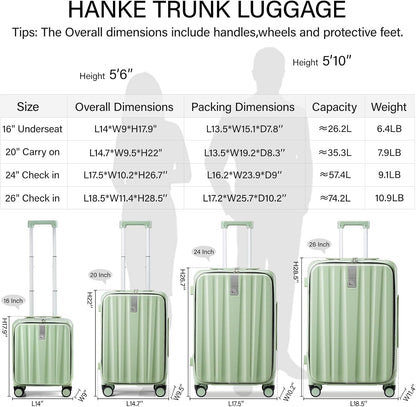 Hanke 20 Inch Carry-On Luggage with Wheels PC Hard Shell Suitcases Top Opening Aluminum Frame Travel Luggage Suitcases for Woman Men.(Bamboo Green)