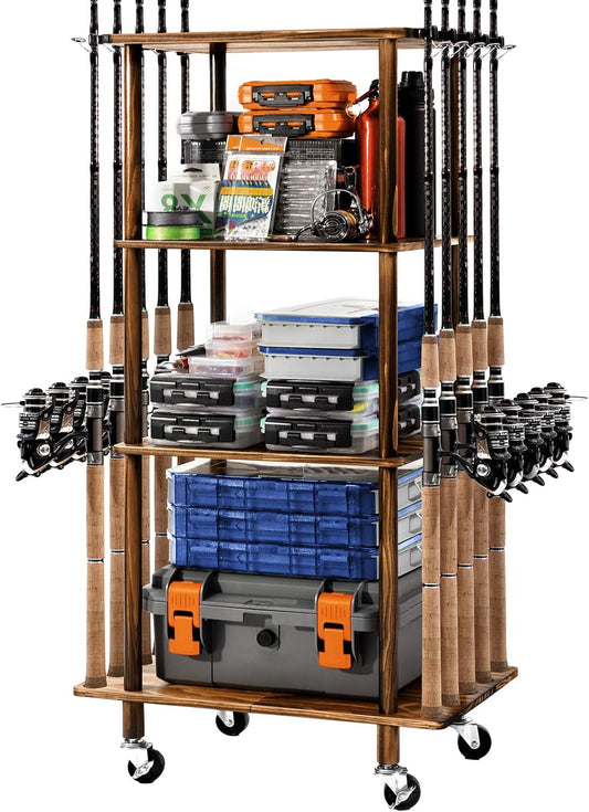 Ghosthorn Fishing Rod Holders for Garage Fishing Pole Rack Hold up to 10 Rods Fishing Pole Holders Wooden Organizer Fishing Rod Rack car Fishing Gear Storage Equipment (4 Tier)