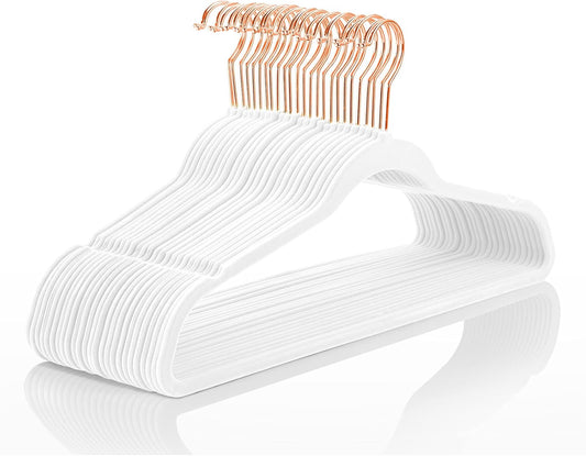 MIZGI Premium Velvet Hangers (50 Pack) Heavy Duty - Non Slip Felt Hangers - White - Rose Gold Swivel Hooks,Space Saving Clothes Hanger,Durable Strong Hanger for Suits,Coats,Dress