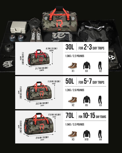 BORLENI Waterproof Motorcycle Dry Duffel Bag Luggage Tail Bag with Large Storage Space,Roll Top Closure, Shoulder Straps, Inner Pocket and Mesh Pocket for Motorcycling Travel Camping(Camouflage,30L)