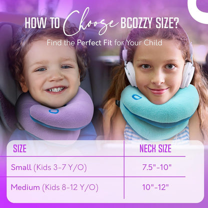 BCOZZY Kids Chin Supporting Travel Pillow for Ages 3–7- Patented Soft Neck Pillow for Head and Chin Support in Car Seat and Airplane. Comfortable Travel Essential. Small Size, Bag, Light Blue