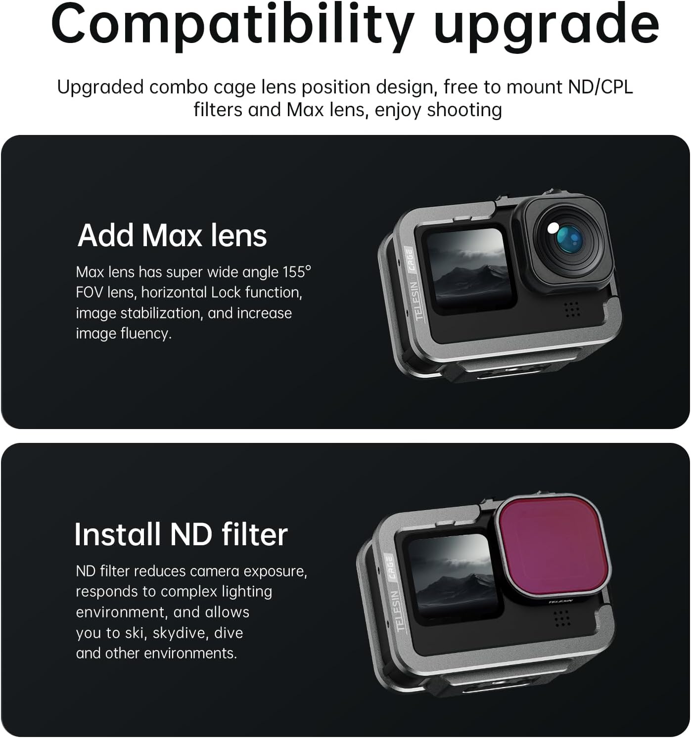 TELESIN Aluminum Case Metal Cage Protective Frame Housing for GoPro Hero 13 12 11 10 9, Fits for Go Pro When ND CPL Lens Filter Max Lens Mount on, with Cold Shoe Connect to Video Light Microphone