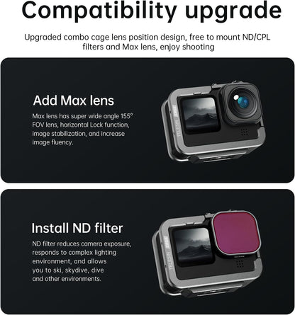 TELESIN Aluminum Case Metal Cage Protective Frame Housing for GoPro Hero 13 12 11 10 9, Fits for Go Pro When ND CPL Lens Filter Max Lens Mount on, with Cold Shoe Connect to Video Light Microphone