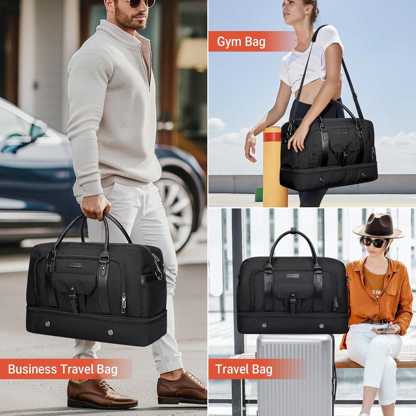 WITZMAN Weekender Bags for Men Women Carry On Duffle Overnight Bag with Toiletry Bag Sets Travel Duffel Bag Shoes Compartment （B694 Black）