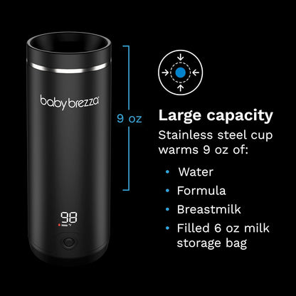 Baby Brezza SuperFast Portable Baby Bottle Warmer – 67% Faster - Travel Breastmilk Warmer and Formula Warmer - Safe, Even Heating - Up to 9oz - No Adapters, Black