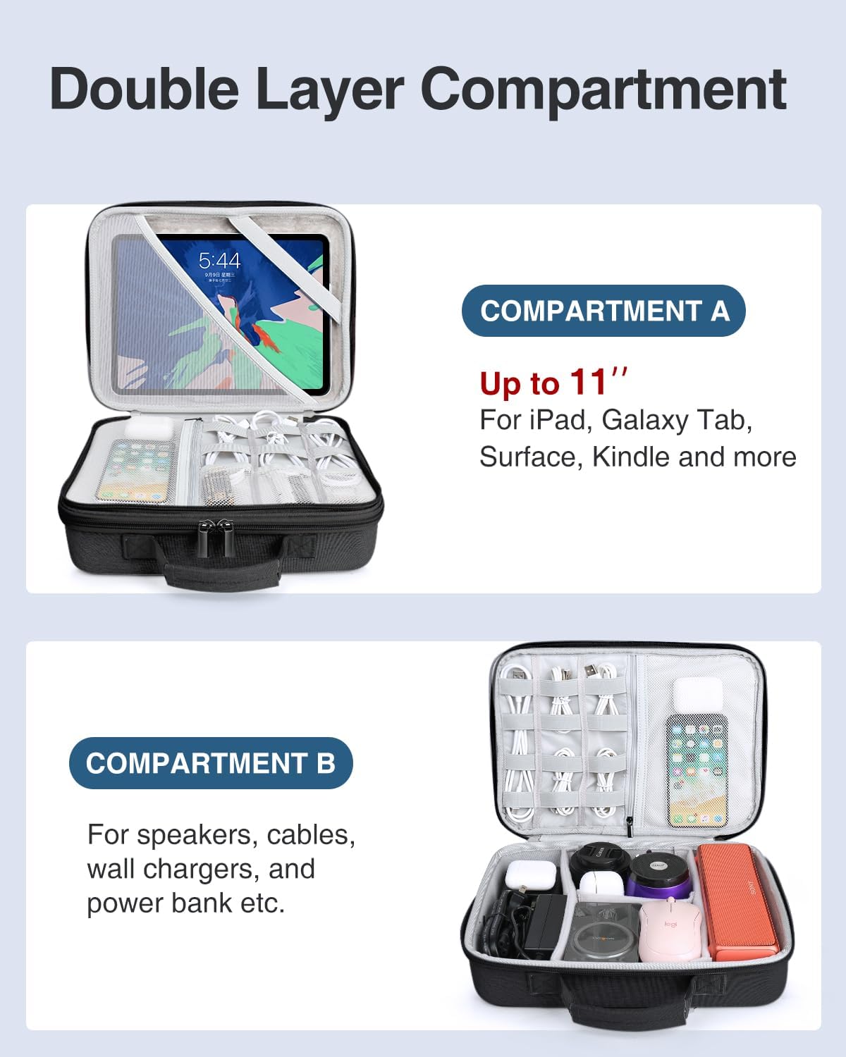 Luxtude Electronic Organizer Travel Case Large, Hard Case for Electronics, EVA Tech Organizers, Travel Cable Bag with Shoulder Strap, Charger Organizers Carrying Cases for iPad(Up to 11’’)