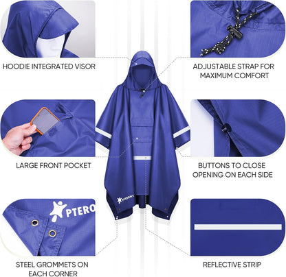 PTEROMY Hooded Rain Poncho for Adult with Pocket, Waterproof Lightweight Unisex Raincoat for Hiking Camping Emergency
