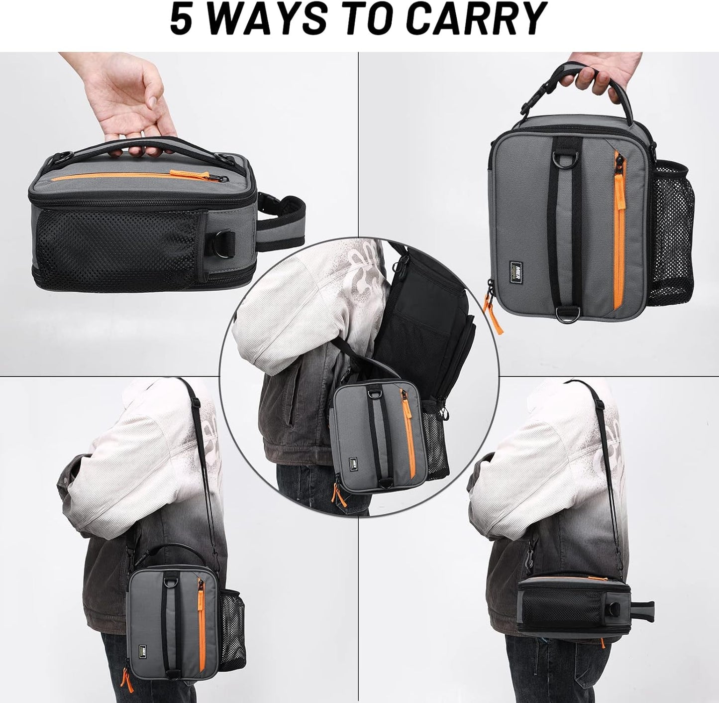 MIER Expandable Lunch Bag Insulated Lunch Box for Men to Work Travel Portable Lunchbox Bags with Shoulder Strap and Water Bottle Holder(Grey/Orange)