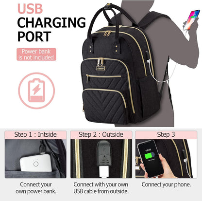 Travel Laptop Backpack for Women, School Backpack for Teens, 15.6 Inch Work Laptop Bag with USB Port Charging, Water Resistant College School Bookbags for Girls, Black