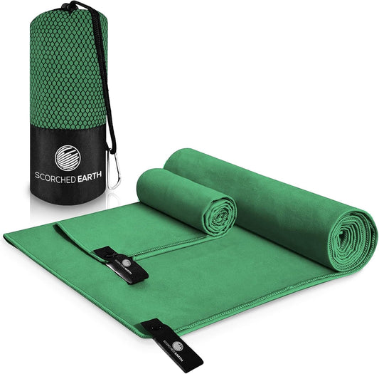ScorchedEarth Microfiber Travel & Sports Towel Set - Quick Dry, Super Absorbent, Compact, Lightweight - for Camping, Backpacking, Hiking, Beach, Yoga, Swimming - Includes 2 Sizes + Carrying Bag & Clip