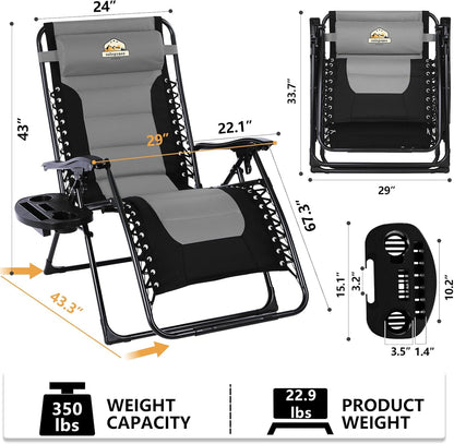 Oversized Padded Zero Gravity Lounge Chair Set of 2, Foldable Patio Anti Gravity Reclining Chairs Folding Lawn Recliner with Cup Holder for Yard, Camping, Outdoor, Support 350 LBS, Black