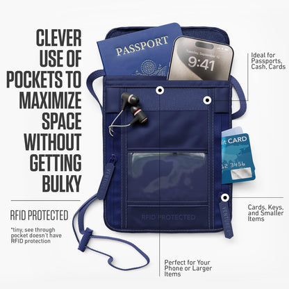VENTURE 4TH Passport Holder Neck Wallet with RFID Blocking Nylon Lining - Hidden Neck Pouch for Travel (Sleek Navy Blue)