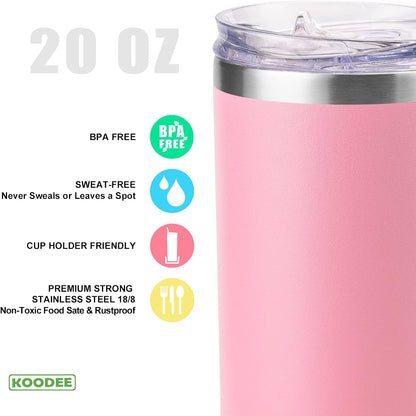 koodee 20 oz Stainless Steel Skinny Tumbler(4 Pack) Double Wall Insulated Water Tumbler Cup with Lids, Straws and Straw Brushe（Baby Blue/Pink/Sky Blue/Teal）