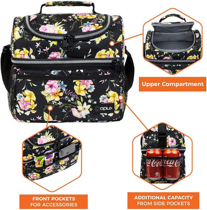 OPUX Lunch Box For Women, Insulated Large Lunch Bag Adult Work, Double Decker Lunchbox Meal Prep, Dual Compartment Leakproof Lunch Cooler, Soft Lunch Pail Tote for Girls Kids School, Floral Black 12L