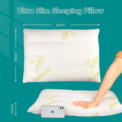 MINUPWELL 2 Packs Ultra Thin Pillows, Flat Pillows for Sleeping Thin, 7D High Support 2.5 inch Height Slim Bed Pillows for Stomach Sleeper, Standard Size -18x26 in - Rayon Derived from Bamboo