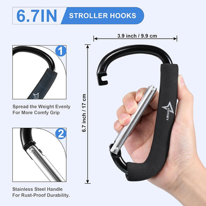 Stroller Hooks 2 Pack, 6.3" Large Mommy Hook Carabiner Clip for Shopping, Diaper Bags, Hanging Purse, Universal Stroller Accessories for Mom