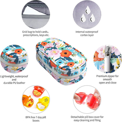 Serfeymi Weekly Travel Pill Organizer 2 Times A Day AM PM Upgraded Rainbow Pill Box 7 Day with Portable Zipper PU Leather Pill Case, Medicine Organizer for Pills, Vitamins, Fish Oils - Floral 03