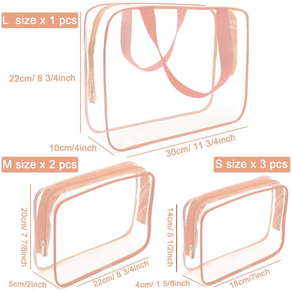 APREUTY Clear Makeup Bags, TSA Approved 6 Pcs Cosmetic Makeup Bags Set Clear PVC with Zipper Handle Portable Travel Luggage Pouch Airport Airline Vacation Organization (Pink)