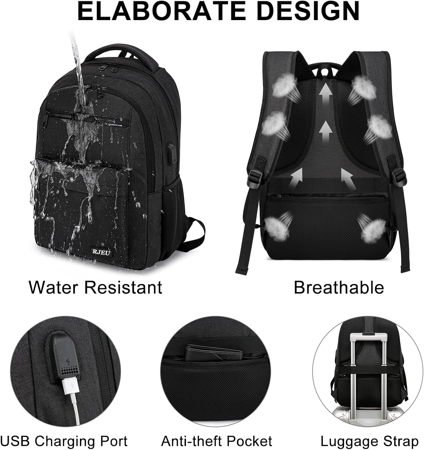 School Backpack for Teen Boys 15.6 Inch, USB Charging Port & Anti-Theft Water Resistant - School Bookbag College Business Ergonomic Backpack for Men Women, Black