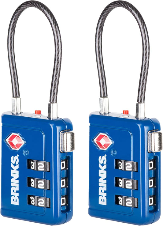 Brinks TSA Accepted Indicator Luggage Lock, Blue - Resettable 3-Dial Combination, 1.5 inch Long Cable Shackle, New More Secure TSA008 Key, 2 Pack