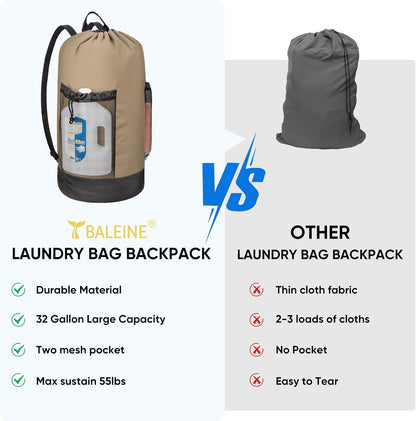 BALEINE 150L Laundry Bag Backpack, 900D Oxford Fabric Large Travel Laundry Bags with Shoulder Straps and 2 Mesh Pockets for College Dorm, Apartment, Laundromat (Khaki, 150L)