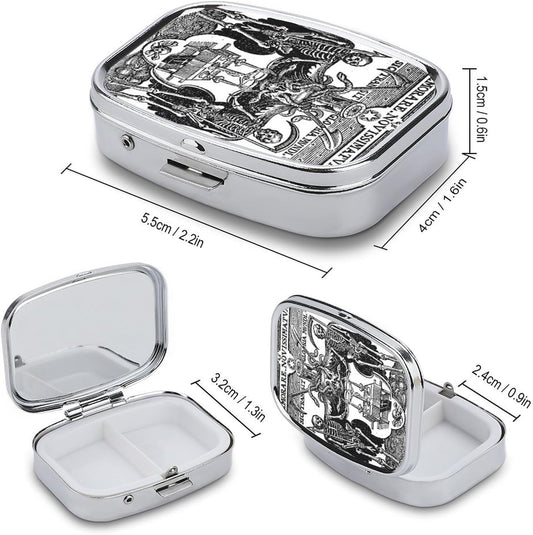 Metal 2 Compartment Pill Organizer Travel Friendly Portable Compact Pill Box Cute Pill Case to Hold Vitamins,Fish Oil,Supplements,Meds,Tablet for Purse,Pocket. (Skeleton Warrior)