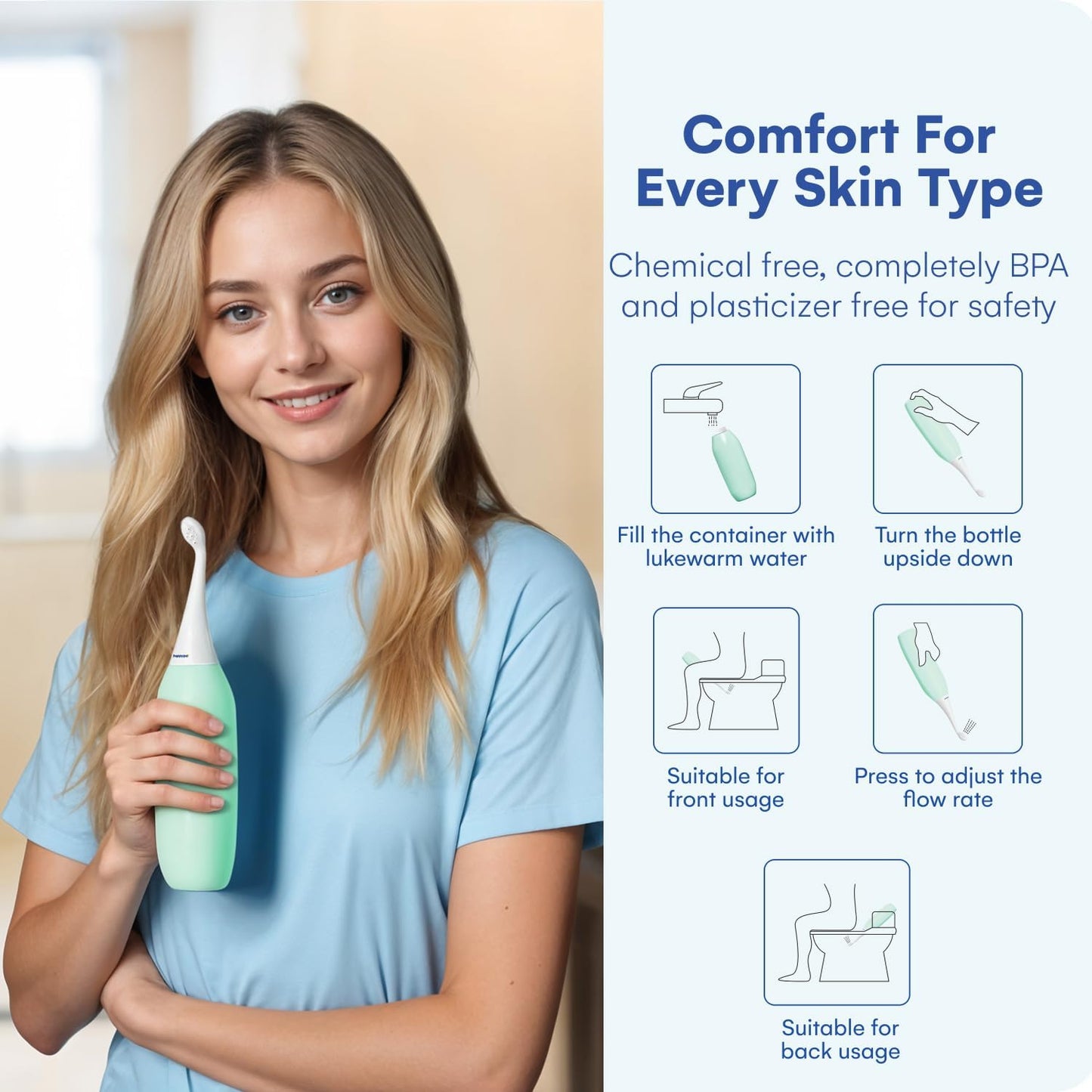 HappyPo The Original Portable Bidet - 300ml Peri Bottle for Moms, Women, and Anyone on The Go - Easy-Bidet 2.0 for Postpartum Care, Travel, Personal Hygiene - Poop Cleaning and Feminine Care (Mint)