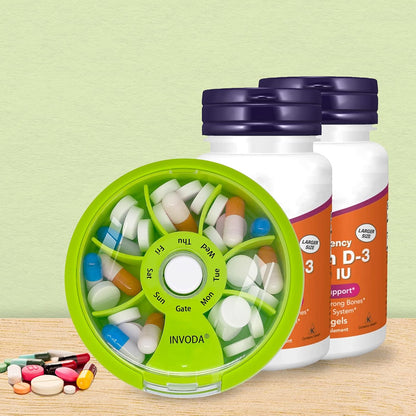 INVODA Weekly Pill Organizer 7 Compartment Rotating Pill Box for Daily Medication & Vitamins - Portable Travel Pill Case Fish Oil Supplements Vitamins Organizer (4 Pill Box+ 4 Bag)