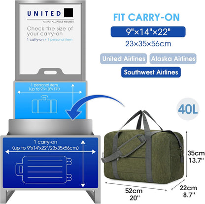 For United Airlines Foldable Carry on Bag 22x14x9 Travel Duffel Bag Packable luggage Duffle for Women and Men 40L (Army Green)