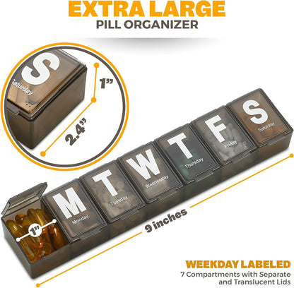 Weekly Pill Organizer - (Pack of 2) Extra Large Vitamin Container with Jumbo Easy to Read Letters, BPA Free - Daily Travel 7 Day Medication Pill Box Case, (Black)
