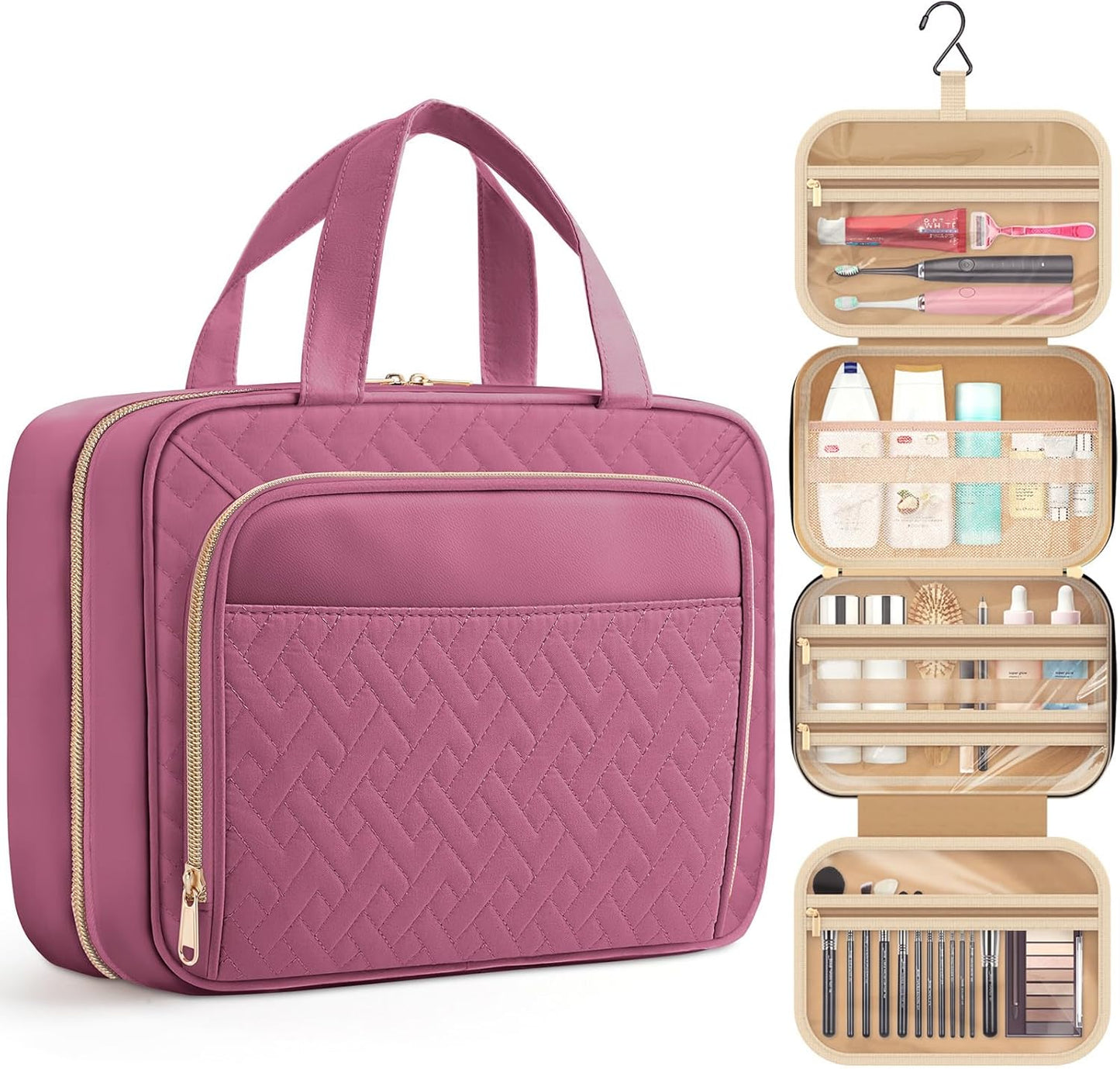HOTOR Travel Toiletry Bag for Women & Men, Waterproof Makeup Bag with Hanging Hook and Multiple Pockets, Cosmetic Bags for Women, Travel Essentials, 12.6'' x 4.3'' x 9.9'', Rosewood-Pink