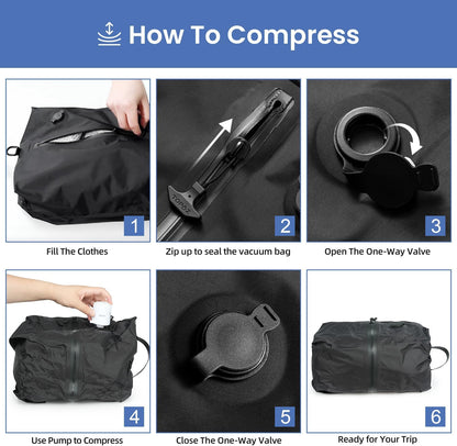 BAGAIL TPU Vacuum Bag for Travel, Reusable Compression Bag with IPX8 Waterproof Zipper, Save Space for Suitcase, Backpack and Carry on (Black, Large, With Pump)
