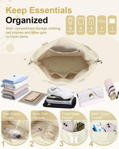 Initial Travel Duffel Bag Sports Gym Bag for Kids Teen Birthday Gifts,Beige Personalized Weekender Carry On Dance Bags for Women Men,Waterproof Monogram Overnight Bag with Trolley Sleeve(Letter H)