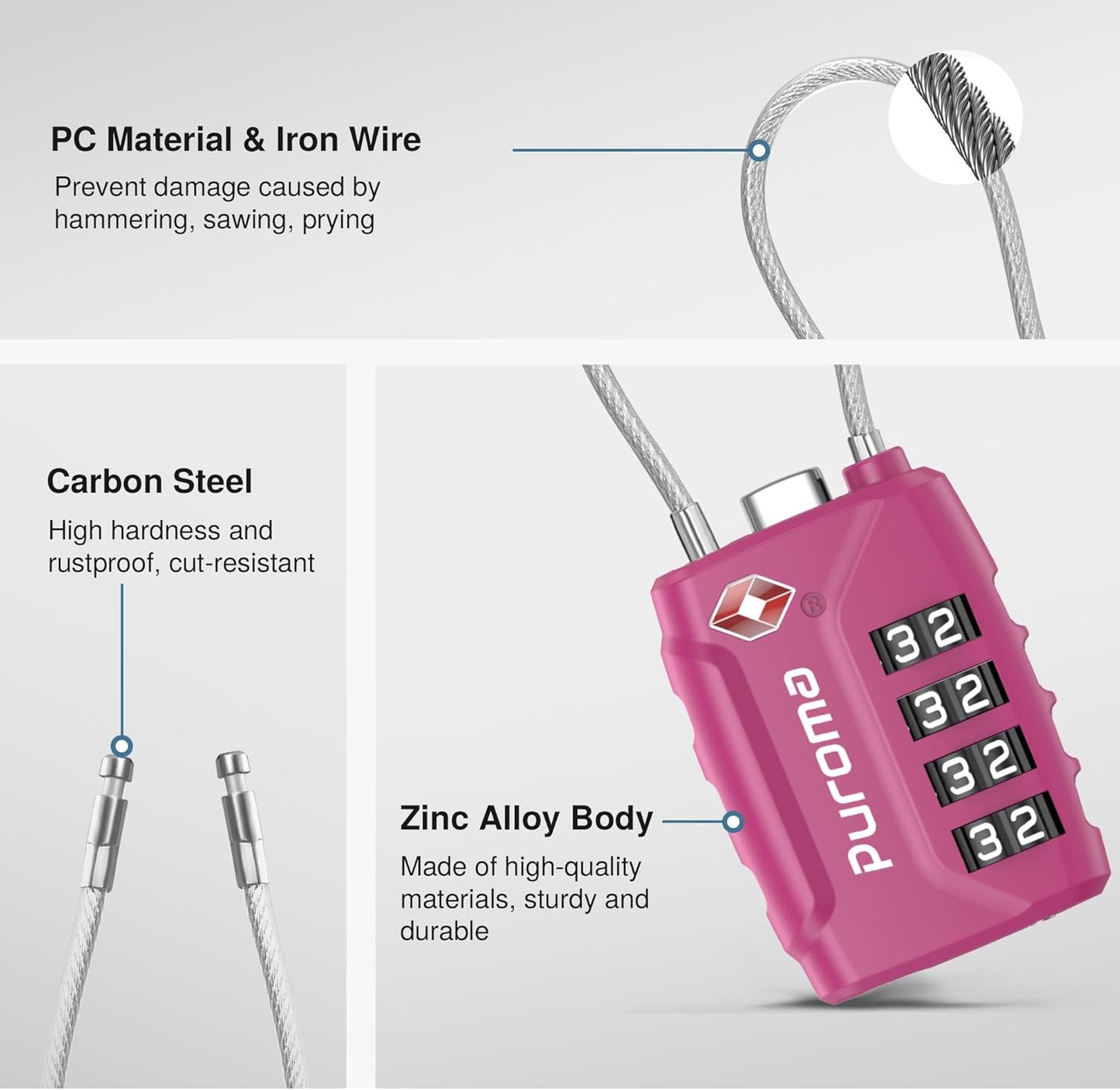 Puroma 2 Pack TSA Approved Luggage Locks, 4 Digit Combination Travel Locks Resettable Code Lock with Zinc Alloy Body for Suitcase, Toolbox, Backpack, Bag, Gym Locker (Red-Violet)