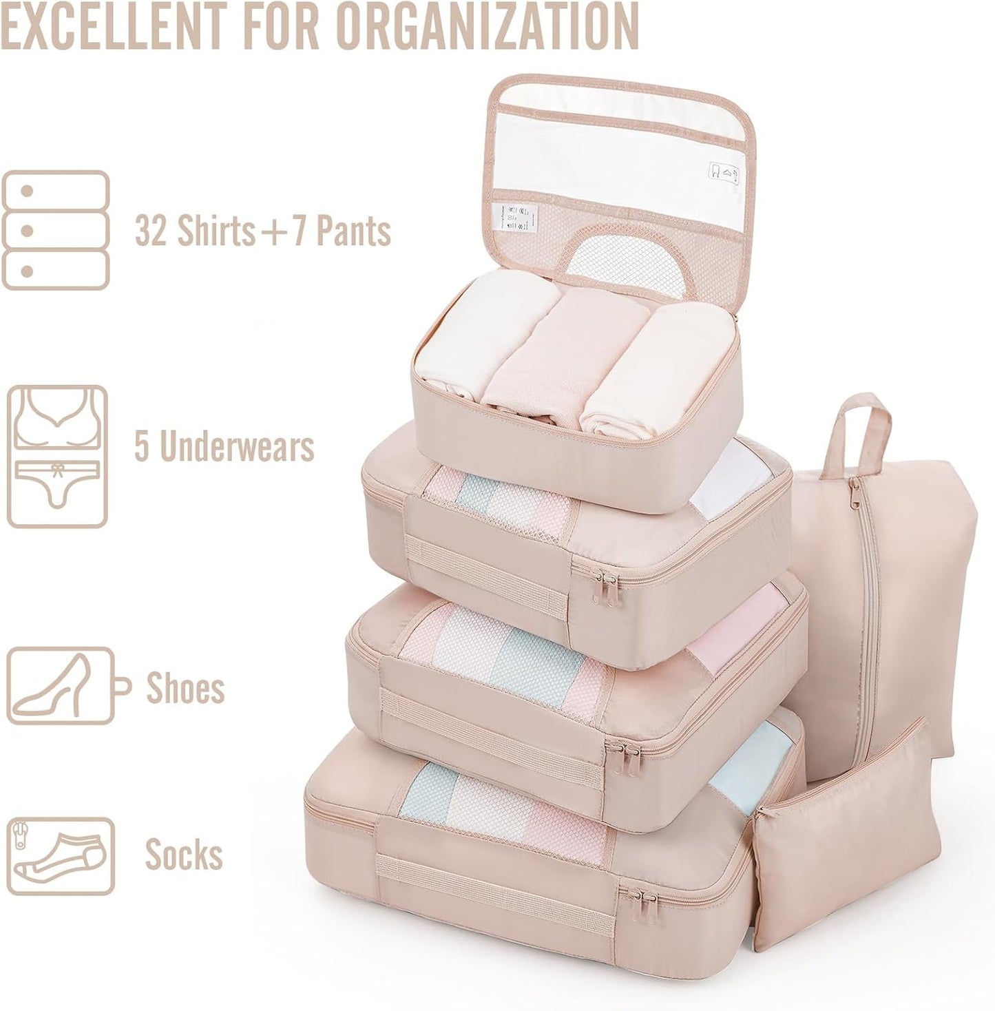Veken 8 Set Packing Cubes for Travel, Beach Vacation Essentials Accessories for Cruise Ship, Suitcase Organizer Bags for Luggage with Hanging Toiletry & Shoe Bag, Birthday Gifts for Women Mom Her