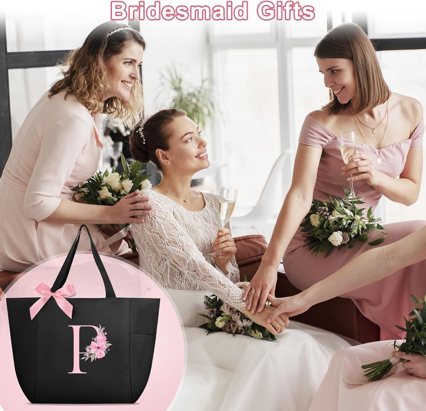 Vavabox Tote Bag, A-Z Initial Monogrammed Waterproof Tote Bag, Bridesmaid Gifts for Women, Black and Pink
