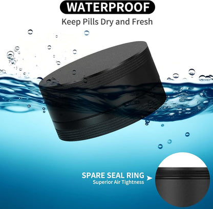Portable Pill Case Pill Box Daily - Waterproof Single Metal Pill Organizer for Pocket Purse, Aluminium Alloy Round Daily Medicine Container to Hold Vitamins, Fish Oil Medium Size