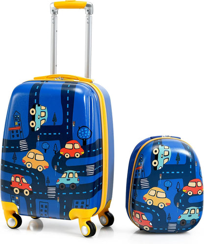 HONEY JOY Kids Luggage, 12" Toddler Backpack & 18" Travel Suitcase with Wheels, Lightweight Toddler Suitcase, Durable ABS Hardshell, 2Pcs Carry On Luggage Set for Boys Girls (Car)