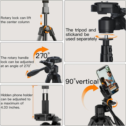 Camera Tripod 66.7 Inch, Patented 3-Way Rotating Portable Cameras Stand Professional Aluminum Travel Phone Camera Mount Monopod for Camera, Smartphone, Suitable for Various Live Vlogging