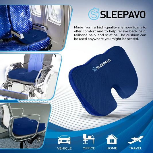 Sleepavo Office Chair Cushion - Seat Cushion for Tailbone Pain Relief - Butt Pillow for Coccyx, Sciatica, and Lower Back Pain - Orthopedic Chair Pad for Lumbar Support in Office Desk (Navy Blue)