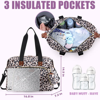 Tuwubi Diaper Bag Tote,Baby Diaper Bag with Pacifier Case Large Travel Diaper Tote Caddy for Mom and Dad Multifunction Large Baby Bag - Leopard Print