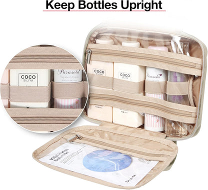 BAGSMART Toiletry Bag Hanging Travel Makeup Organizer with TSA Approved Transparent Cosmetic Bag Makeup Bag for Full Sized Toiletries, Large-Camel